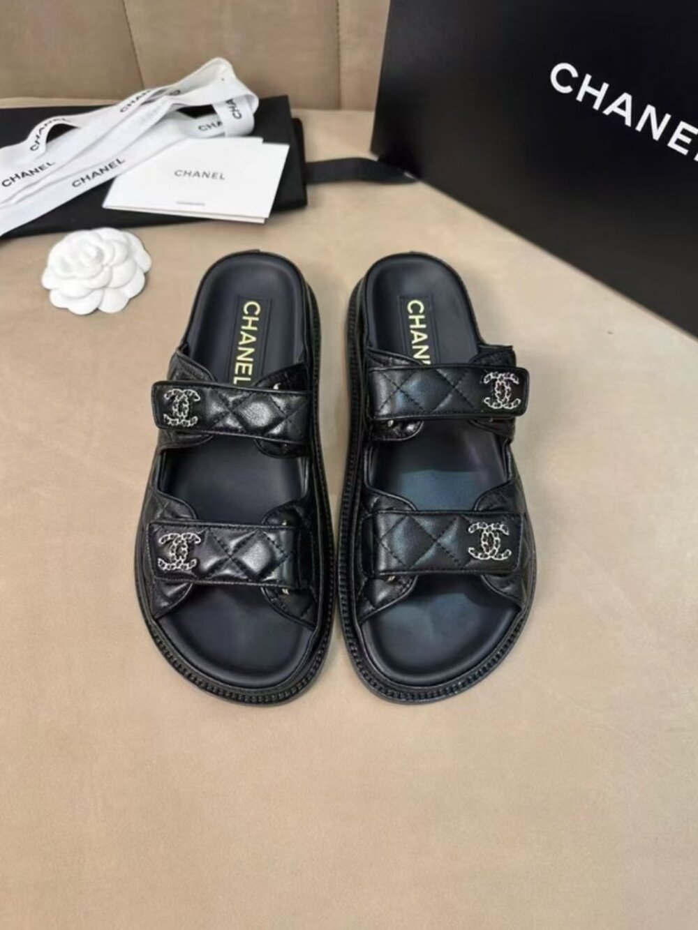 Chanel Double Strap Quilted Leather Slip‑On Sandals